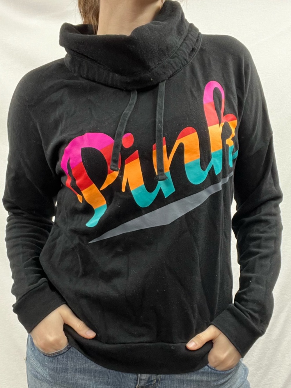 PINK Black Pullover Cowl-Neck Hoodie with Rainbow Script